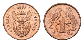ЮАР 1 цент 2001 герб, капские воробьи KM 221 сталь плакированная медью UNC 4694-157