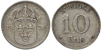 Швеция 10 эре 1936 G, короткая 6, Густав V (1907-1950) KM 780 серебро 4179-623