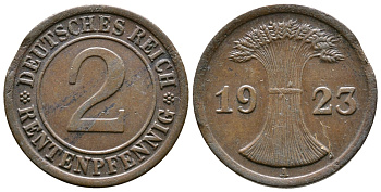 ГЕРМАНИЯ 2 РЕНТЕНПФЕННИГА 1923 A KM 31, J. 307 бронза 71-1624