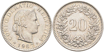 ШВЕЙЦАРИЯ 20 РАППЕНОВ 1967 В KM 29a медно-никель 55-852