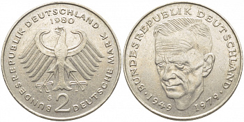 ФРГ 2 МАРКИ 1980 G, КУРТ ШУМАХЕР KM 149, J. 424 медно-никель плакированный никелем 3856-353