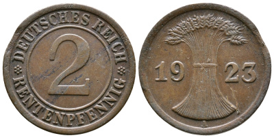 ГЕРМАНИЯ 2 РЕНТЕНПФЕННИГА 1923 A KM 31, J. 307 бронза 71-1624