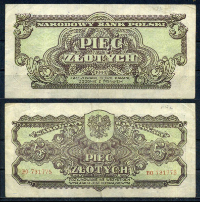 Польша 5 злотых 1944 OBOWIAZKOWYM Pick 107 бумага 6283-14-3-2