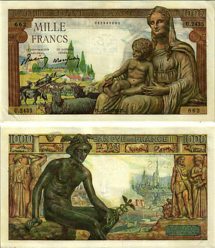 ФРАНЦИЯ 1000 ФРАНКОВ 1942 23 ДЕКАБРЯ 1942, МЕРКУРИЙ Pick 102 бумага XF-UNC 8607-95-1