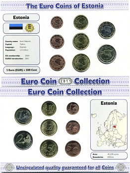 Эстония евронабор из 8 монет 2011 1, 2, 5, 10, 20, 50 евроцентов, 1 и 2 евро, в картонном буклете биметалл UNC 4-3-3-22