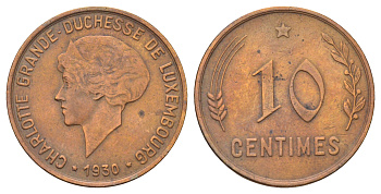 Люксембург 10 сантимов 1930 год-тип, Шарлотта (1918-1964) KM 41 бронза 4668-1127