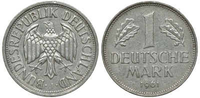 ФРГ 1 МАРКА 1961 J J 385, KM 110 медно-никель 72-716