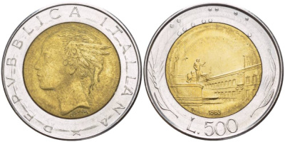 ИТАЛИЯ 500 ЛИР 1983 R, КРИВИНАЛЬСКИЙ ДВОРЕЦ В РИМЕ KM 111 биметалл 4551-537