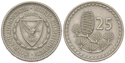 Кипр 25 милей 1963 KM 40 медно-никель 3309-959