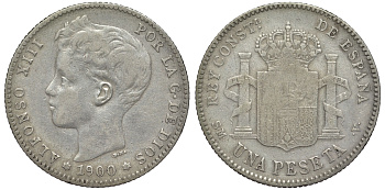 Испания 1 песета 1900 (00) SM-V, АЛЬФОНСО XIII (1886-1931) KM 706 (Y88) серебро 4566-634