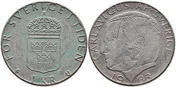 Швеция 1 крона 1983 Карл XVI Густав (1973- ) KM 852a медно-никель 4397-1112