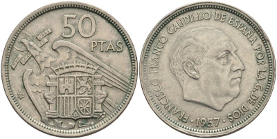 Испания 50 песет 1957 (58) Франсиско Франко (1939-1975) KM 788 медно-никель 4683-431