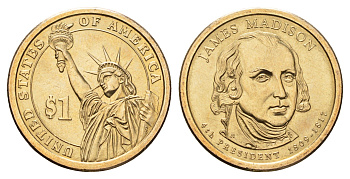 США 1 доллар 2007 P, серия президенты США, Джеймс Мэдисон (1809-1817) KM 404 медь с марганцево-латунным покрытием UNC 4700-1024