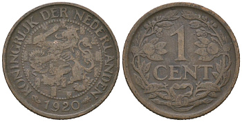Нидерланды 1 цент 1920 Вильгельмина (1890-1948) KM 152 бронза 4152-357