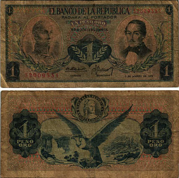 Колумбия 1 песо 1973 7 августа 1973, Симон Боливар, генерал Франсиско де Паула Сантандер Pick 404 е  бумага   435-15-3-1