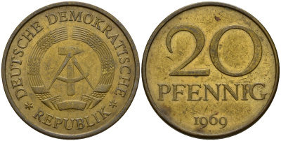 ГДР 20 пфеннигов 1969 A, первый год KM 11 латунь 92-743