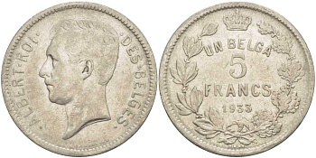 БЕЛЬГИЯ 5 ФРАНКОВ 1933 АЛЬБЕРТ I, DES BELGES KM 97.1 никель 3851-245