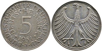 ФРГ 5 марок 1951 J (Гамбург), J. 387, KM 112.1 серебро 4178-1244