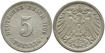 ГЕРМАНИЯ 5 ПФЕННИГОВ 1906 A, KM 11, J. 12 медно-никель 4396-259