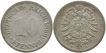 Германия 10 пфеннигов 1889 F, старогарбовка KM 4, Jager 4, Weege 7 медно-никель 85-534