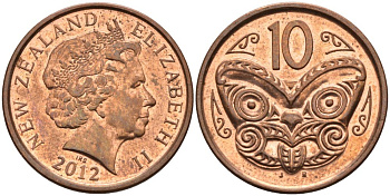 Новая Зеландия 10 центов 2012 маска Маори, Елизавета II (1952-) KM 117а сталь плакированная медью 55-223