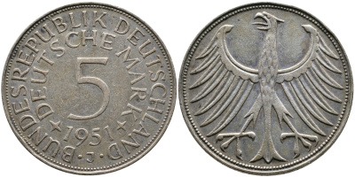 ФРГ 5 марок 1951 J (Гамбург), J. 387, KM 112.1 серебро 4178-1244