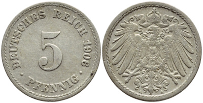 ГЕРМАНИЯ 5 ПФЕННИГОВ 1906 A, KM 11, J. 12 медно-никель 4396-259