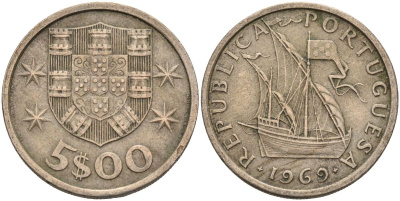 Португалия 5 эскудо 1969 парусник KM 591 медно-никель 4126-621