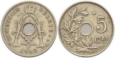 БЕЛЬГИЯ 5 САНТИМОВ 1930 BELGIE, ЗВЕЗДА НАД "5" KM 94 медно-никель 4546-123