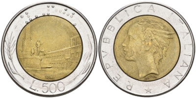 Италия 500 лир 1983 R, Квиринальский дворец KM 111 биметалл 27-313