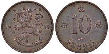 Финляндия 10 пенни 1939 KM 24 медь 51-3157