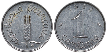 Франция 1 сантим 1964 пятая республика KM 928, Le Franc 106.8 нержавеющая сталь 4124-359