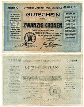 АВСТРИЯ, РИХЕНБЕРГ 20 КРОН 1919 НОТГЕЛЬД бумага 6278-33-2-2