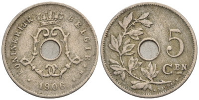 Бельгия 5 сантимов 1906 Belgie, Леопольд II (1865-1909) KM 55 медно-никель 4609-114