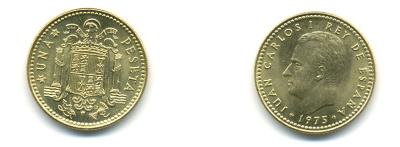 Испания 1 песета 1975 (78) Хуан Карлос I (1975-2014) KM 806 алюминиевая бронза UNC 176-326