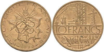 Франция 10 франков 1980 тип Матье KM 940, Le Franc 365.15-16 никель латунь 4599-1026