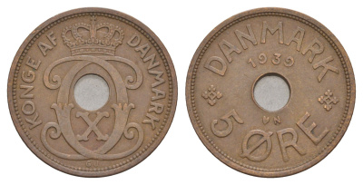 Дания 5 эре 1939 N, Кристиан X (1912-1947) KM 828 бронза 4657-254