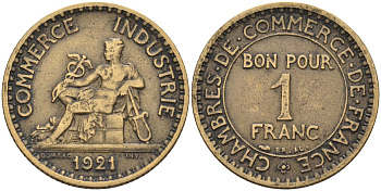 Франция 1 франк 1921 тип Chambre de Commerce KM 876, Le Franc 218.3 алюминиевая бронза 4584-334