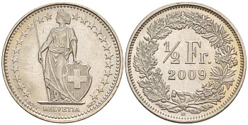 ШВЕЙЦАРИЯ 1/2 ФРАНКА 2009 В KM 23а.3 медно-никель 4528-648
