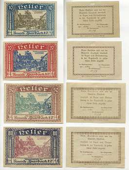 Австрия набор из 4 банкнот 1920 нотгельд, 10, 20, 50, 80 геллеров, SPARACH N.O., первый выпуск   бумага  aUNC  00-000