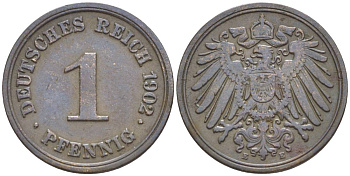 ГЕРМАНИЯ 1 ПФЕННИГ 1902 E KM 10, Jager. 10, Weege 2 медь 4528-1213