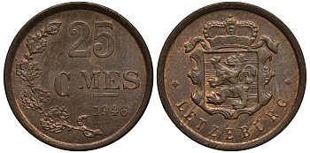 Люксембург 25 сантимов 1946 Шарлотта (1918-1964) KM 45 бронза 4538-837