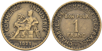 Франция 1 франк 1921 тип Chambre de Commerce KM 876, Le Franc 218.3 алюминиевая бронза 4584-334