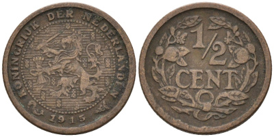 Нидерланды 1/2 цента 1915 Вильгельмина (1890-1948) KM 138 бронза 4576-357