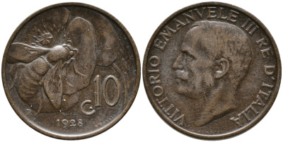 Италия 10 чентезимо 1928 R, Виктор Эммануил III (1900-1946), пчела KM 60 бронза 28-843