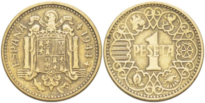 ИСПАНИЯ 1 ПЕСЕТА 1944 НАЦИОНАЛЬНОЕ ПРАВИТЕЛЬСТВО (1939-1947) KM 767 алюминиевая бронза 4519-912