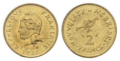 Новые Гебриды 2 франка 1975 KM 5.2 медь алюминий никель UNC 4679-467