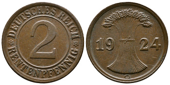 ГЕРМАНИЯ 2 РЕНТЕНПФЕННИГА 1924 G KM 31, J.307 бронза 86-1432