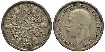 Великобритания 6 пенсов 1929 Георг V (1910-1936) KM 832, Spink 4040 серебро 4538-337