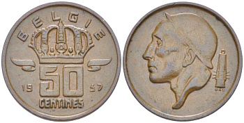 БЕЛЬГИЯ 50 САНТИМОВ 1957 BELGIE, БОДУЭН I (1951-1993) KM 149.1 бронза 214-163